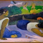 A reproduction of a colorful post-impressionist painting by Paul Gauguin depicting figures in a Tahitian landscape.