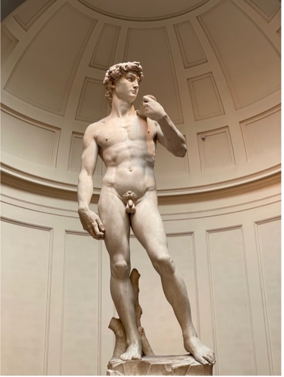 Ancient marble statue of a nude man, standing in a white paneled alcove