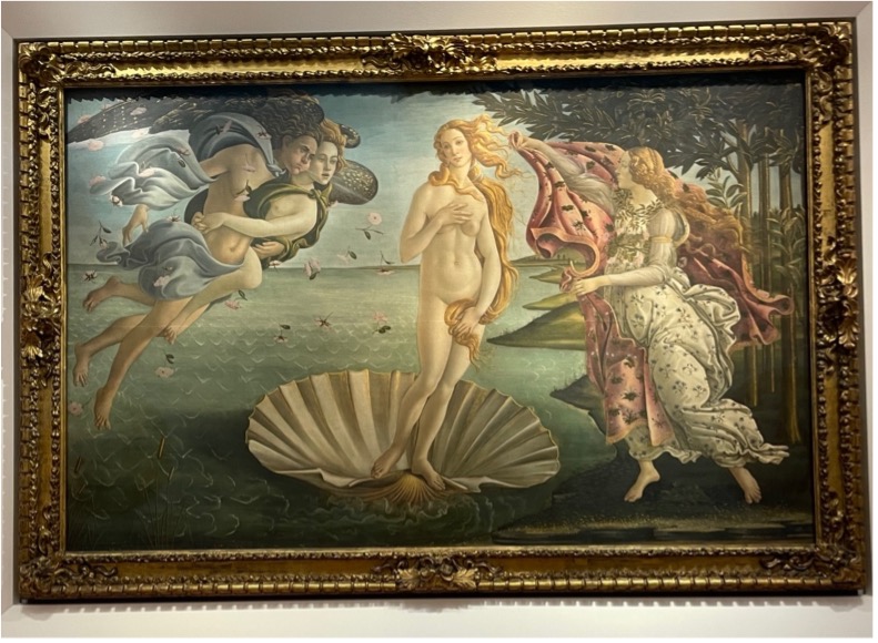 Gold-framed painting of a nude woman with flowing gold hair, standing inside a scallop shell, surrounded by three other people looking at her