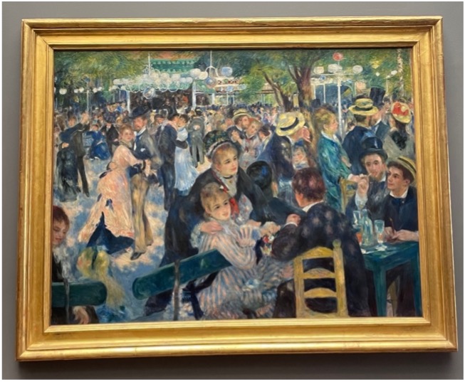Gold-framed impressionist-style painting of dozens of people in fancy dress, some are dancing and some are dining