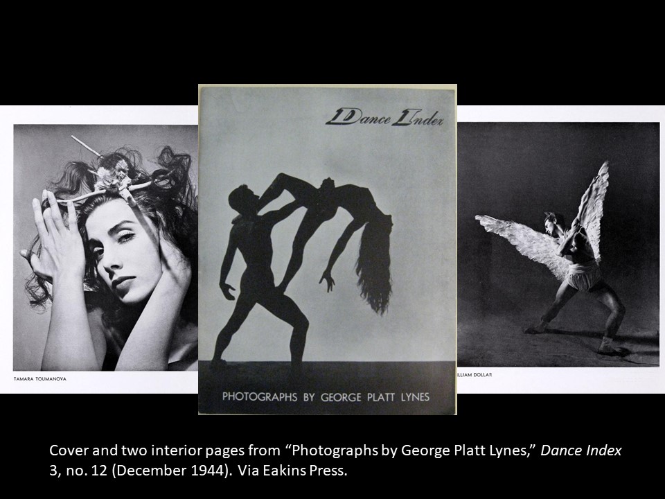 Black and white tryptich consisting of a photo headshot of a Tamara Toumanova in costume, the cover of Dance Index that shows a silhouette of two dancers by George Platt Lynes, and a dancer with angel wings, from Dance Index 3, number 12, December 1944.