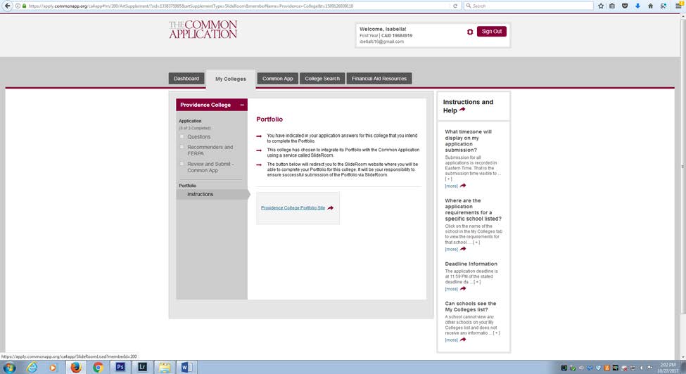 Screenshot showing Providence College selected under the My Colleges tab