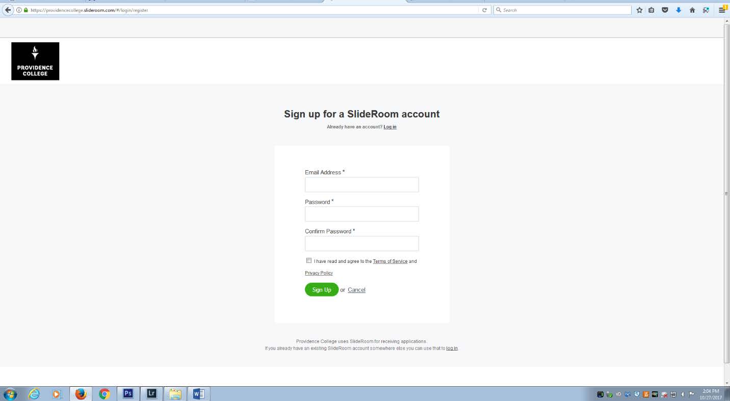 Screenshot of the "Sign up for a SlideRoom account" page