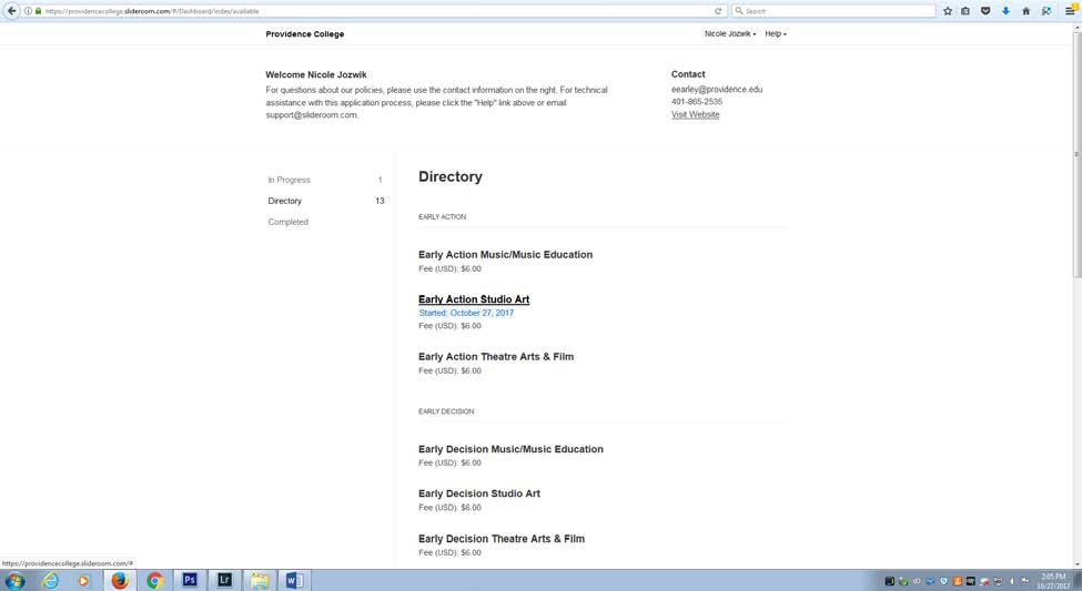 Screenshot of the directory page, showing entries for Early Action and Early Decision