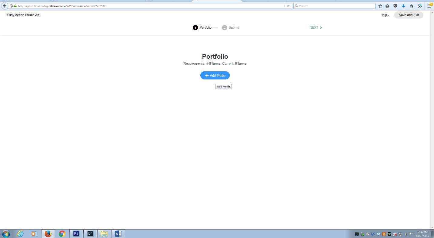 Screenshot of the Portfolio page in SlideRoom, with a button to "Add Media"