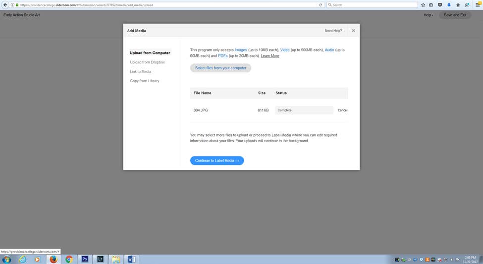 Screenshot showing a successful upload, and a "Continue to Label Media" button